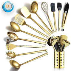 Berglander gold cooking utensils set, stainless steel 13 piece kitchen utensils set with titanium plating, kitchen utensils set with utensil holder, dishwasher safe, easy to clean