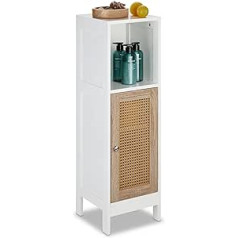 Relaxdays 3 Compartment Standing Bathroom Cabinet - Height 96.5 x Depth 30 x Height 30 cm - Narrow Bathroom Cabinet with Rattan Door - White/Natural