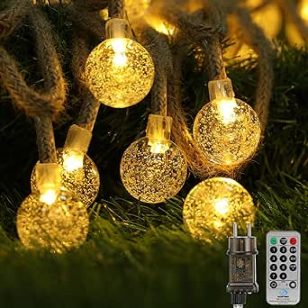 Aiohao Fairy Lights Indoor Outdoor 10 m 100 LED Crystal Ball Fairy Lights ar pītu vadu, kas savērtas 8 režīmi IP65 ūdensnecaurlaidīgas pasaku gaismas piemērotas dārzam, iekšpagalmam, kāzām, ballītēm