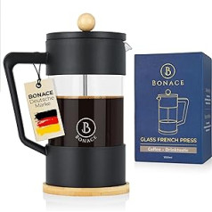 BONACE French Press Made of Glass, Coffee Maker for 5 Cups, Coffee Press 1 Litre, Colour Black, 2 Replacement Stainless Steel Filters, with Bamboo Coaster, BPA-Free, Gift Box