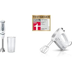 Braun MultiQuick 5 Vario MQ 5200WH rokas blenderis ar nerūsējošā tērauda maisīšanas bāzi, balts/pelēks un Bosch CleverMixx MFQ24200 rokas maisītājs, 2 slotiņas, 2 nerūsējošā tērauda mīklas āķi, 400 W, balts