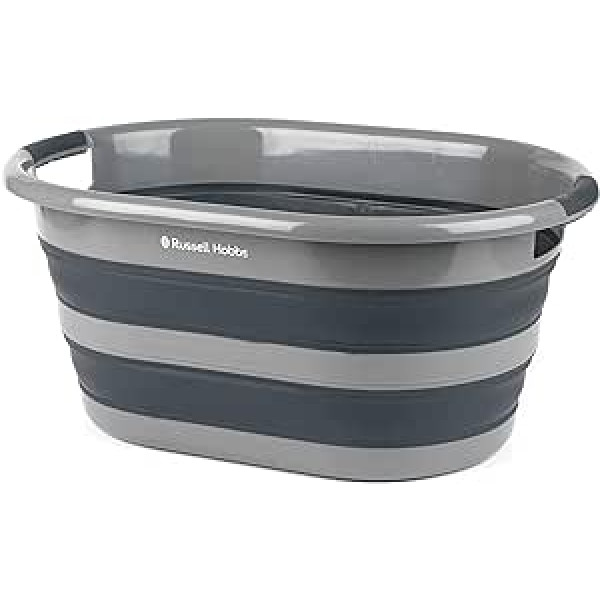 Russell Hobbs LA053879GRYEU Oval Folding Laundry Basket/Tub, 27L Large Laundry Basket, Silicone Foldable Storage Container/Organiser, Portable Space Saving Basket, Black/Grey