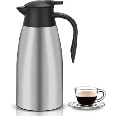 2 litru nerūsējošā tērauda termokarafes krūze, dubultsienu, vakuumizolēta kafijas kanna, tējkanna, 12+ stundas siltuma un aukstuma aizturēšana, tējai, pienam un kafijai (sudraba krāsā)