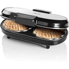 Bestron Double Waffle Iron for Classic Heart Wafers, Waffle Maker with Baking Light and Non-Stick Coating, 1,200 Watt, Colour: Silver