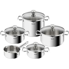 Tefal A705S9 Duetto 9-Piece Saucepan Set, Suitable for Induction Cookers, Robust and High-Quality Stainless Steel, Environmentally Friendly, Strainer Lid, Oven Safe up to 260 °C (without Lid),