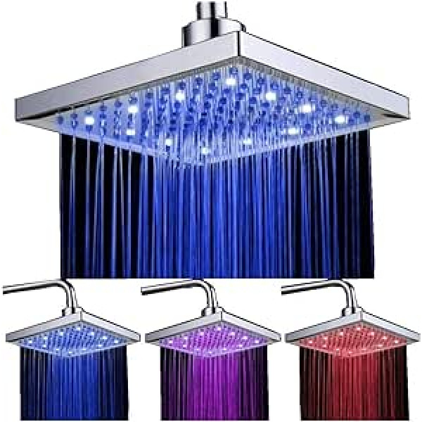 DAXGD LED Shower Head Square 20 cm Temperature Control 3 Colour Changing Water Flow Powered Top Spray Shower Head ABS Chrome Finish 12 LEDs for Bathroom