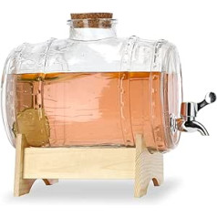 Barrel with Tap, Barrel Shaped Glass Drinks Dispenser, Barrel with Tap, Transparent Dispenser with Wooden Base, Alcohol Dispenser Ideal for Whisky, Brandy, Juices, Lemonade (3L)
