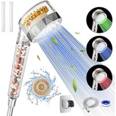 Rovtop Shower Head with Hose 1.5 m, Newest Hand Shower Filter Mineral Stones Shower Head with LED Colour Changing & Hydro Jet Turbo, Shower Head Water-Saving Shower Head with Holder / 2 Cotton Filters