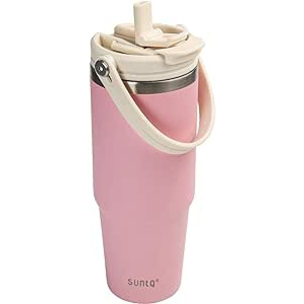 SUNTQ 30 oz Mug with Handle and Straw Lid, Stainless Steel Insulated Mug, Travel Coffee Mug for Hot and Cold Drinks, Thermos Water Bottle (Pink)