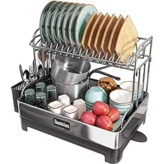 romision Dish Dryer, Large Dish Rack with 360° Rotating Spout, 304 Stainless Steel Dish Drainer for Kitchen Counter with Utensil Holder, Cup Stand and 4 Booster Pads