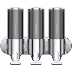 3 in 1 Chamber Wall Mounted Bathroom Shower Pump Dispenser and Organizer Holds Shampoo, Soap, Conditioner, Body Wash for Bathroom, Kitchen, Hotel, Non Drilled Wall Distributor (3, Grey)