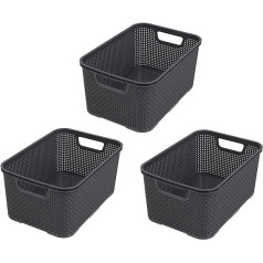 BranQ - Home essential Set of 3 Plastic Rattan Baskets made of Polypropylene, Anthracite, Size M (10 Litres)