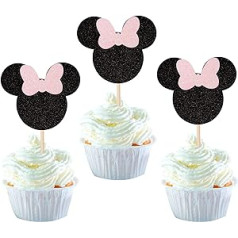 Iepakojumā ir 24 Mini Mouse iedvesmots dzimšanas dienas kūkas rotājums Mini Mouse Happy Birthday Cake Topper Mini Mouse ar Bow Mouse kūkas dekorāciju Mini Happy Birthday Party kūkas dekorēšanai Melnā un rozā krāsā