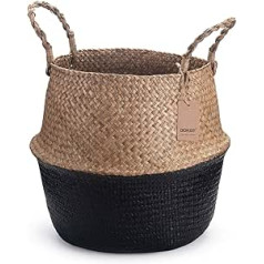 Dokot Seagrass Basket Flower Pot, Natural Basket, Woven Laundry Basket with Handle, for Plants or Toy Storage, Black , 36 x 32cm