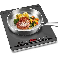 AMZCHEF Single Induction Hob 2000 W Portable Induction Plate with Quiet Running, 9 Power and Temperature Levels, 4 Automatic Menus, Ultra Thin Housing Design, Safety Lock, Timer, Grey