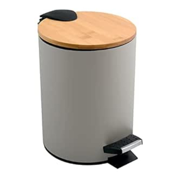 Spirella Adonis Cosmetic Bin 5 Litres Stainless Steel Bamboo with Soft-Close Mechanism and Inner Bucket Bathroom Bin Soft Close Bin Taupe