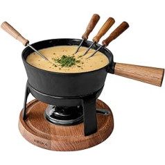 Boska Fondue Set Pro L - Families (6 Fondue Forks) - Cheese Fondue Tea Lights with Style - 1.8 L Capacity for 1.2 L Melted Cheese [Sturdy, Oak Wood and Stainless Steel]