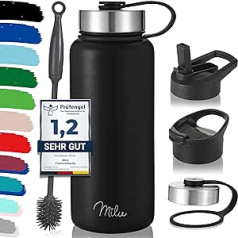 Milu Stainless Steel Drinking Bottle 500 ml 750 ml 1000 ml (+ 3 Lids) - Thermos Bottle with Straw, Insulated Water Bottle, Leak-Proof Insulated Flask, Double-Walled, Suitable for Carbonated Drinking (Black, 1000ml)