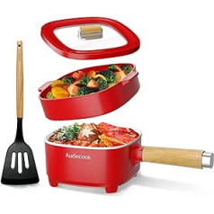 Audecook Electric Hot Pot with Steamer, 2 L/20 cm Non-Stick Electric Pan with Ceramic Glaze, Portable Multi Cooker for Ramen, Steak, Egg, Oatmeal, Soup, 350 W/800 W (Red with Steamer)