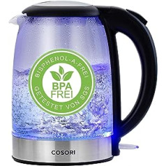 COSORI stikla tējkanna ar modernizētu nerūsējošā tērauda filtru un iekšējo vāku, nesatur BPA, 1,7 litri, tējkanna ar zilu LED, aizsardzība pret sausumu, 2200 vati, ātra uzsildīšana
