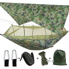 Portable Hammock with Mosquito Net, Ultralight Waterproof Nylon Hammock Outdoor Tarpaulin Tent Picnic Cloth Hammock 2 People with Tree Straps for Trekking/Hiking/Travel/Garden (Camouflage)