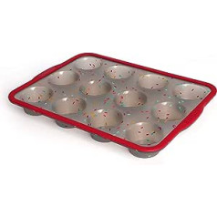 12 Silicone Muffin Cases with Reinforced Stainless Steel Frame Inside, Non-Stick Muffin and Cupcake Baking Pan, 12 Holes Muffin Pan, BPA Free, Dishwasher Safe (Red Translucent Grey)