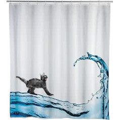 Wenko Anti-Mould Shower Curtain, Textile Curtain with Anti-Mould Effect for the Bathroom, Washable, Water-Resistant, with Rings for Attachment to Shower Rail, Cat, 180 x 200 x 1 cm