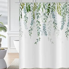Hnmdmyi dušas aizkars, zaļas lapas 180 x 200 cm, eikalipta lapu dušas aizkari, akvareļu augs, botāniskais dabīgais vannas aizkars, ūdensizturīgs poliestera audums, mazgājams vannas aizkars vannas istabai