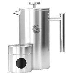 Coffee Gator French Press / Coffee Maker / Tea Maker 1 Litre Double Walled French Press to Keep Coffee Warm for Longer, Coffee Pot in Matt Grey With Mini Coffee Tin, 1l
