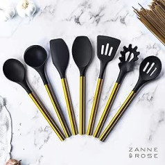 7 Piece Silicone Grey Kitchen Utensil Set with Copper Plated Stainless Steel Handles, Non-Stick Coating, Ladle, Turner, Spoon, Slotted Turner, Spoon, Noodle Fork