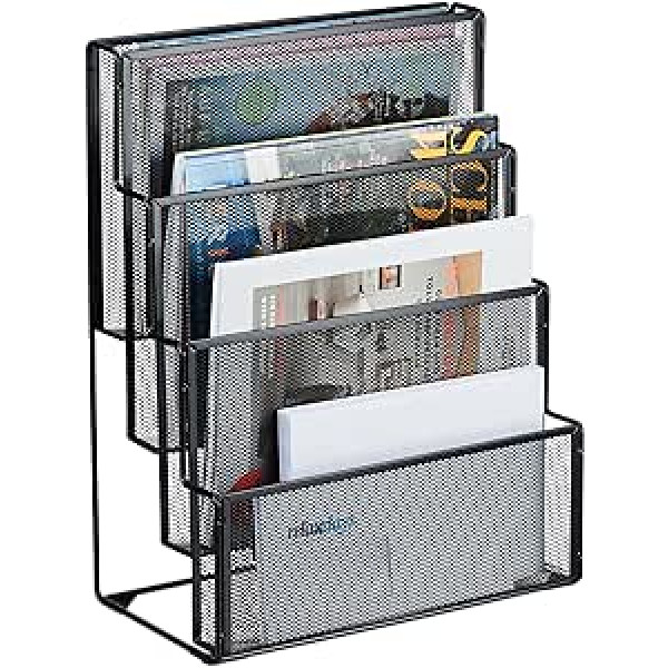 Relaxdays Metal Magazine Holder, 4 Compartments, Office Document Holder, HBD: 43 x 33 x 18 cm, Magazine Holder, Letters, Black