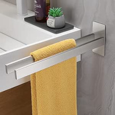 ALOCEO Towel Rail, No Drilling, Stainless Steel, Strong Adhesive, Bath Towel Holder, Double Self-Adhesive Towel Rail Wall for Bathroom, Kitchen, Brushed Silver, 39 cm
