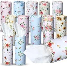 Pack of 12 Car Cylinder Handkerchief Boxes, Round Cosmetic Tissues Holder, Tissue Dispenser with 3-Layer Paper Towels, Total 600 Paper Towels (Flowers)