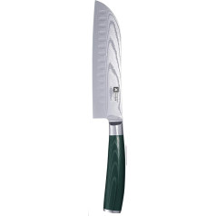 RICHARDSON SHEFFIELD Midori lielais Santoku nazis ar Damaskas tērauda asmeni, japāņu asmens izgatavots no 67 slāņu Damaskas tērauda, Micarta koka rokturis tumši zaļš, asmens: 17,5 cm, Damaskas virtuves nazis