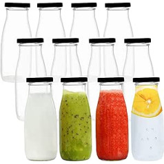 BELLE VOUS Reusable Milk Bottles Glass Bottle with Screw Cap Metal Lid (12 Pieces) - 300 ml Vintage Milk Bottle Glass Set Milk Water Bottle Transparent for Smoothies, Barbecues, Weddings, Parties