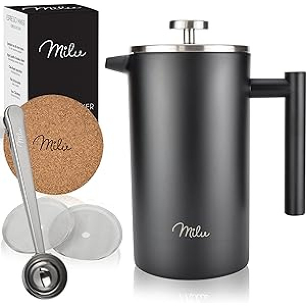 Milu French Press kafijas automāts, 350 ml, 600 ml, 1 L, nerūsējošā tērauda kafijas spiede, kafijas automāts mājām, ceļojumiem, kempingiem, iekļauts paliktnis, karote, maiņas filtrs (melns, 600 ml (3 tases)