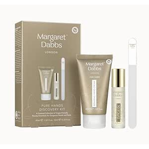 Margaret Dabbs Pure Hands Discovery dāvanu komplekts ar 45 ml atjaunojošu roku krēmu, 10 ml kutikulas eļļu un mazu kristālisku nagu vīli