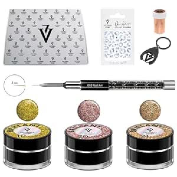 ‎Generic Victoria Vynn nail design set: glitter gel, nail art brush, quick art nail sticker, silicone pad, transfer film & key ring - professional accessories for creative nail art