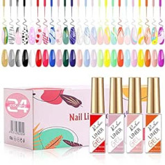 Rechoo 24gb Color Gel for Gel Nails, 8 ml Liner Nagu želejas laka, Neon & Glitter UV nagu laku komplekts, Soak Off Gel Nails krāsas līniju krāsošanai, salona nagu dizaina sākuma komplekts manikīra komplekts