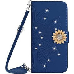 Vqwq mobilā telefona maciņš priekš Samsung Galaxy F14-1.5M Lanyard Glitter Sunflower aizsargmaciņš Samsung Galaxy F14 ādas maciņam kartes slota atloka korpusa magnēts [HT04]-Blue-H