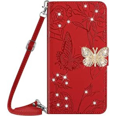 Vqwq mobilā tālruņa futrālis Xiaomi Mi 13 5G — 1,5 M Lanyard Glitter Butterfly aizsargmaciņš Xiaomi Mi 13 5G ādas futrālim kartes slota atveramam korpusam magnēts [HT03]-Red 2