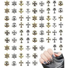 Liveish 72 Pieces Punk Nail Art Charm Vintage Sudraba Zelta 3D Metāla nagu mākslas kniedes Dekorācijas Cross Designs Retro nagu aksesuāri sievietēm DIY nagu dizaini DIY aksesuāri Amatniecības aksesuāri