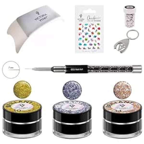 ‎Generic Victoria Vynn nail art set: glitter gel, manicure pad, nail art brush, quick art sticker & decorative foil