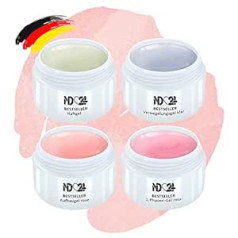 Nd24 Naildesign 4 x 5 ml – Vislabāk pārdotais – Gel Economy Pack Set – 1 Phase Gel + Bonding Gel + Builder Gel + Finish Sealing Gel – Ražots Vācijā – Low Acid/Pashi-smoothing Nagu Gel rozā