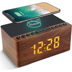 ANJANK Digital Radio Alarm Clock Made of Wood with Wireless Charging Station, 10 W Fast Wireless Charger for iPhone/Samsung Galaxy, LED Display with 5-Level Dimmer, USB Charging Port, Clock Radio without Ticking