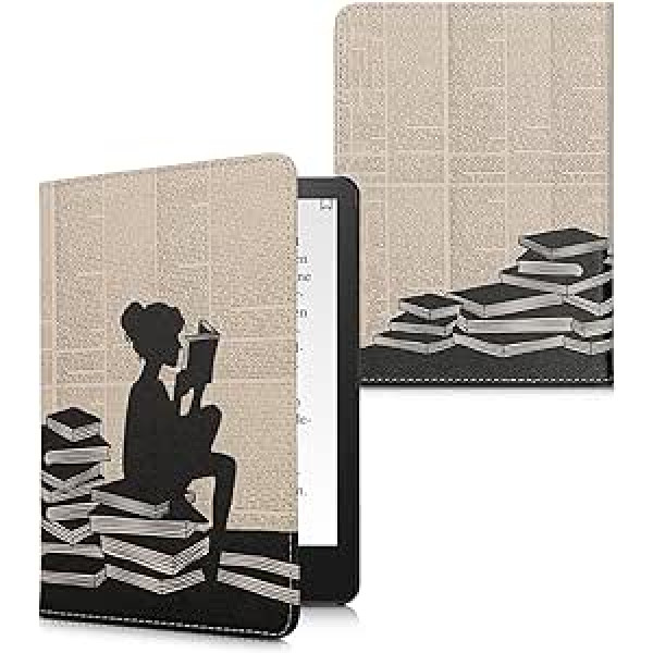 kwmobile Flip Case saderīgs ar Amazon Kindle Paperwhite 11th Generation 2022 — Case e Reader ar rokas siksniņu — Reading Woman melns bēšs