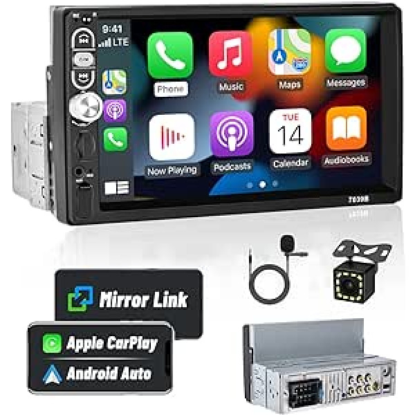 Hikity 1Din CarPlay automašīnas radio Android automašīnai ar 7 collu ekrānu, skārienjutīgu displeju ar Bluetooth USB AUX FM radio atbalstu, spoguļa saites stūres vadības ierīci + atpakaļgaitas kameru