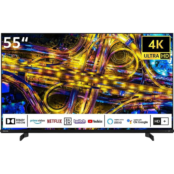 Toshiba 55UL4D63DGY 55 collu televizors / viedais televizors (4K Ultra HD, HDR Dolby Vision, Onkyo skaņa, trīskāršs uztvērējs) — 6 mēneši HD+ iesk. [2023]