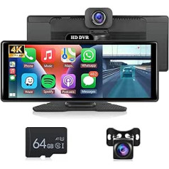 Hodozzy 4K displeja automašīna ar Dashcam portatīvo automašīnas radio ekrānu Carplay Android automašīnas monitors ADAS 10,26 collu IPS skārienekrāns Bluetooth priekšējā un aizmugurējā kamera Video cilpas ierakstīšana / spoguļa saite FM/A