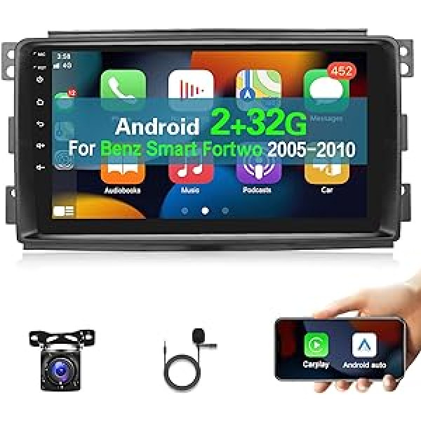 [2+32 GB] Android automašīnas radio Mercedes Benz Smart Fortwo 2005-2010, 9 collu HD skārienekrāna radio, bezvadu Carplay un Android Car/WLAN/GPS/SWC + AHD atpakaļskata kamera